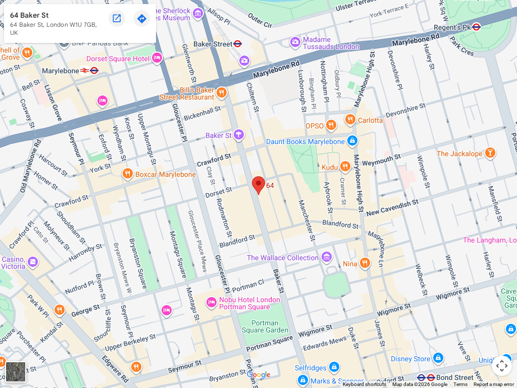 Map showing Hawks Global Education, 64 Baker Street, London